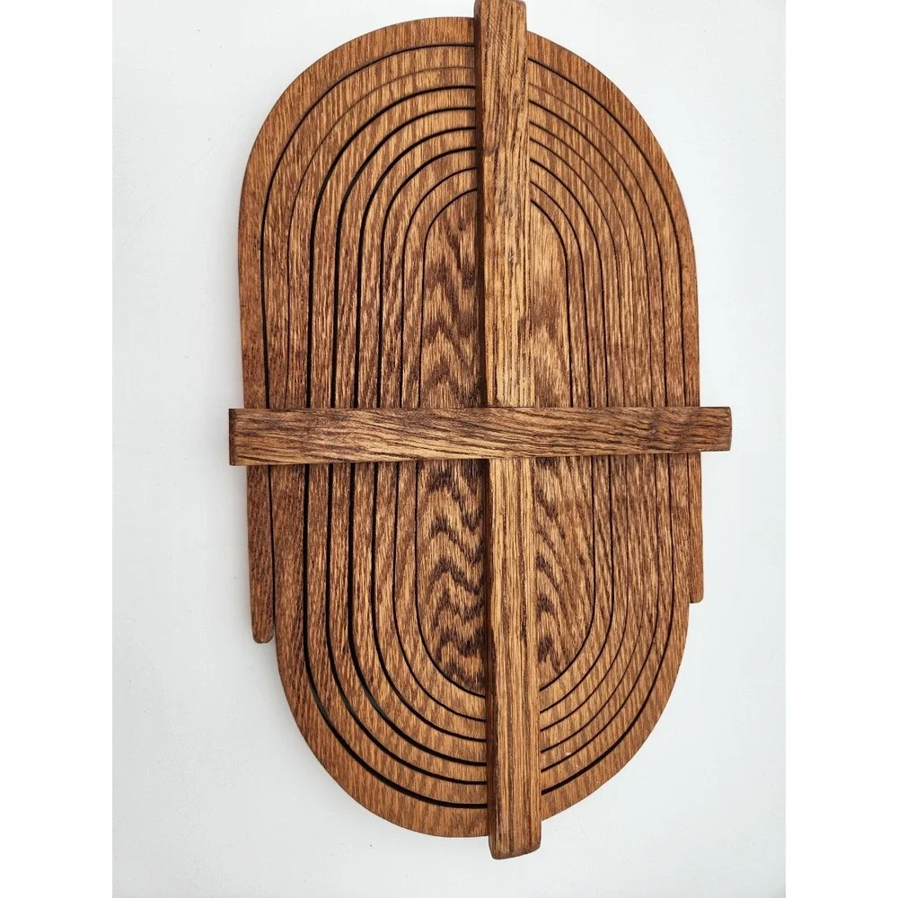 Folding Collapsible Wooden Oval Basket with Handle MCM wood vintage